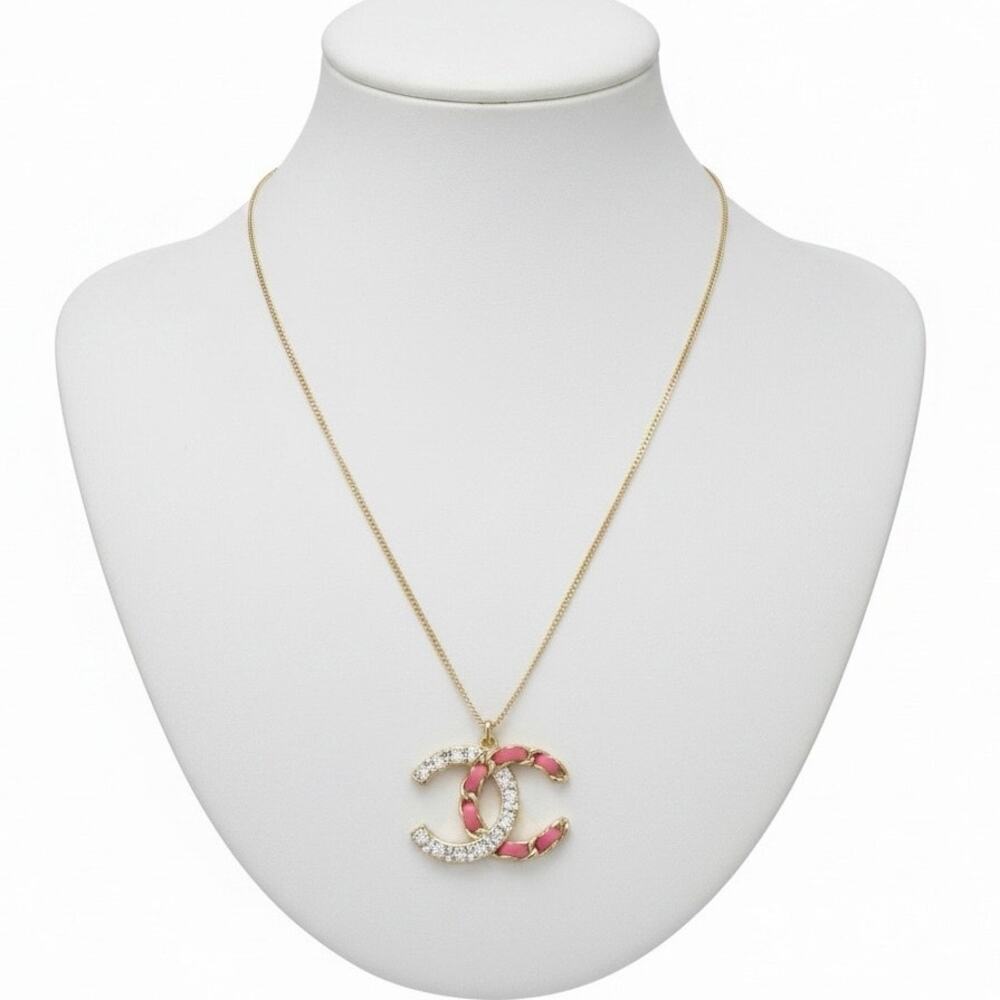 Authentic Chanel Large CC Crystal Leather Pendant Necklace Gold Reversible w/COA